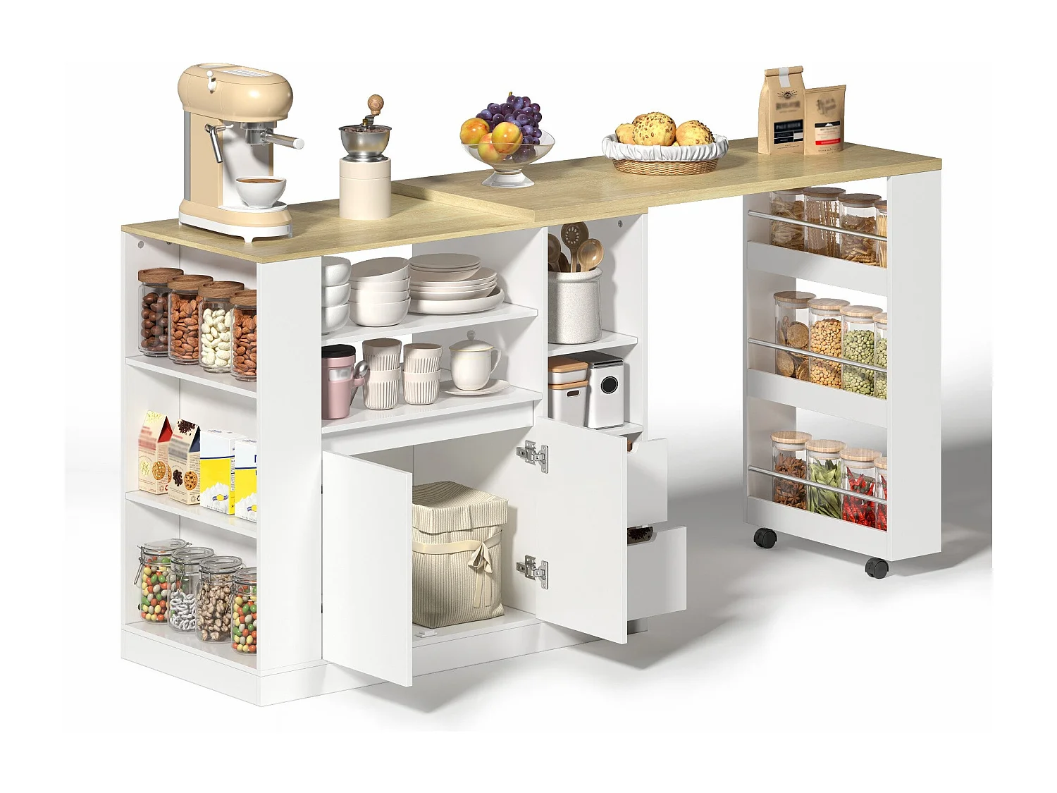 Îlot de cuisine avec plan de travail extensible, îlot de rangement avec étagères sur trois côtés et deux tiroirs, adapté aux salles à manger et bars domestiques