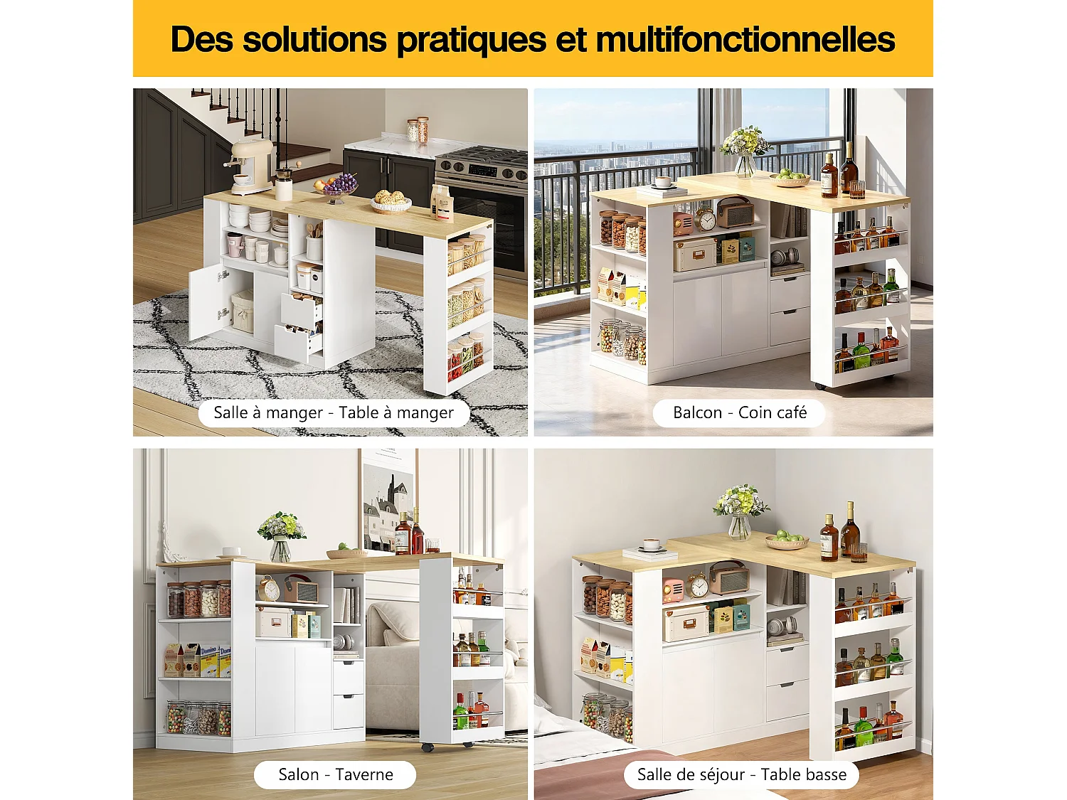 Îlot de cuisine avec plan de travail extensible, îlot de rangement avec étagères sur trois côtés et deux tiroirs, adapté aux salles à manger et bars domestiques