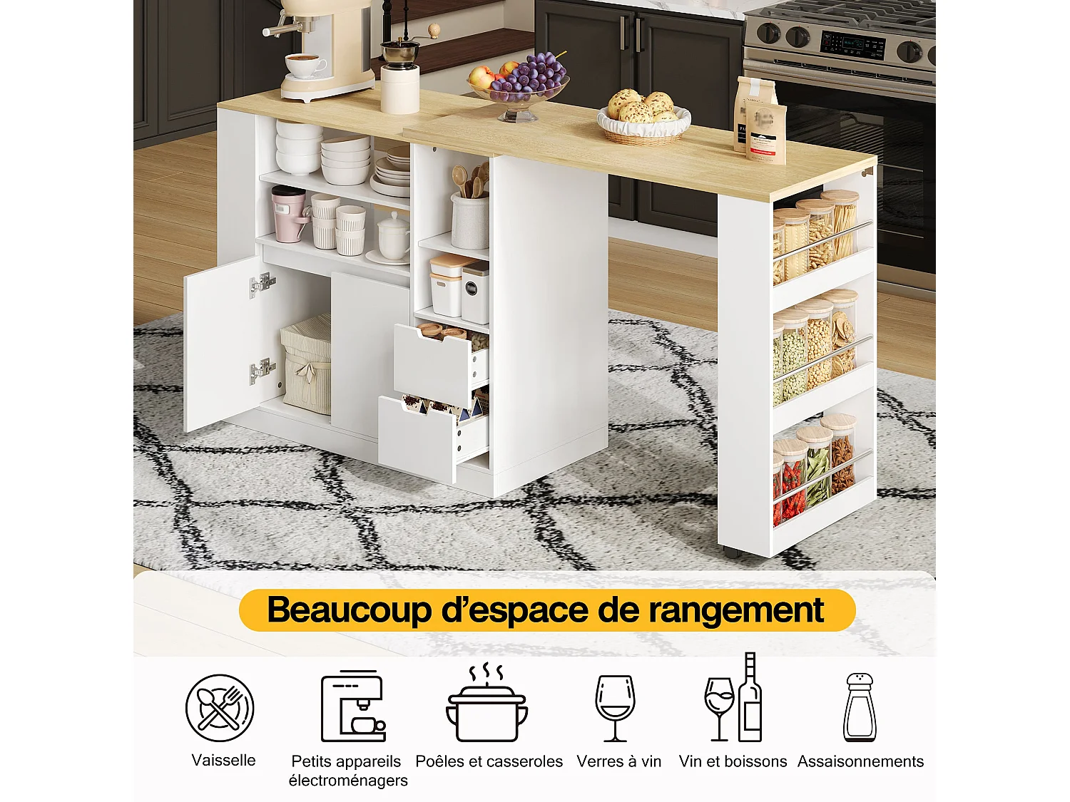 Îlot de cuisine avec plan de travail extensible, îlot de rangement avec étagères sur trois côtés et deux tiroirs, adapté aux salles à manger et bars domestiques