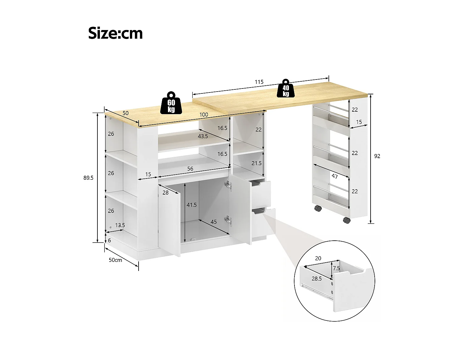 Îlot de cuisine avec plan de travail extensible, îlot de rangement avec étagères sur trois côtés et deux tiroirs, adapté aux salles à manger et bars domestiques