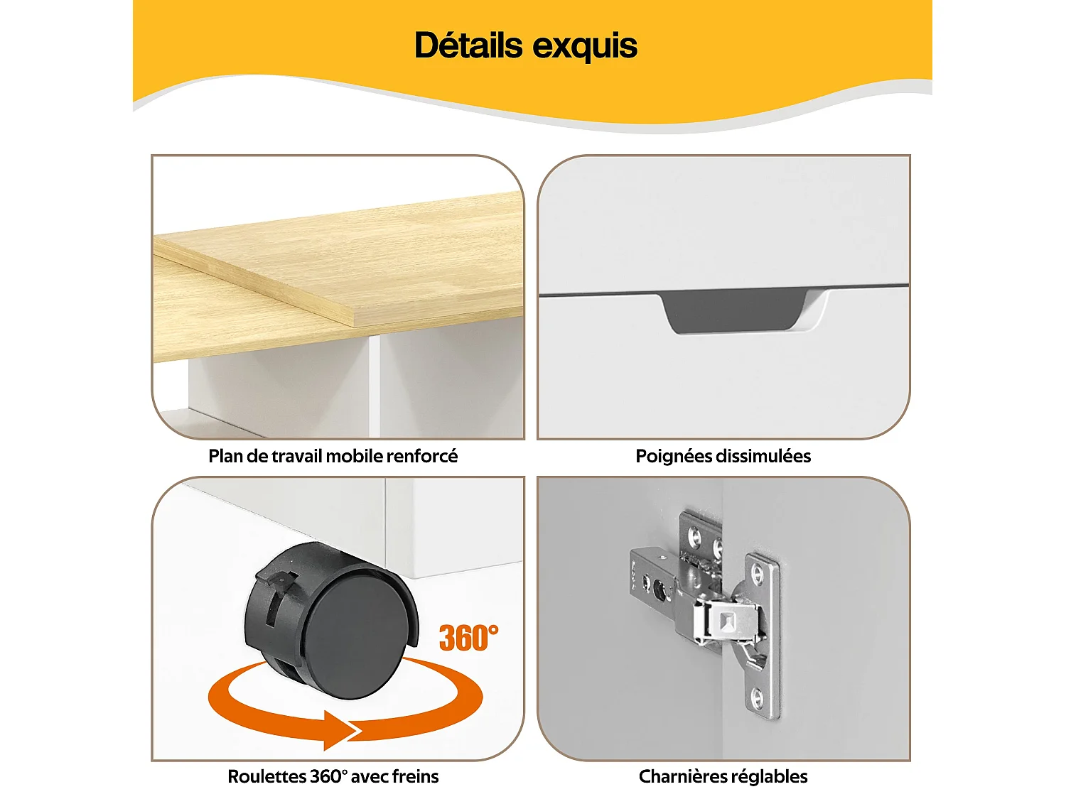 Îlot de cuisine avec plan de travail extensible, îlot de rangement avec étagères sur trois côtés et deux tiroirs, adapté aux salles à manger et bars domestiques