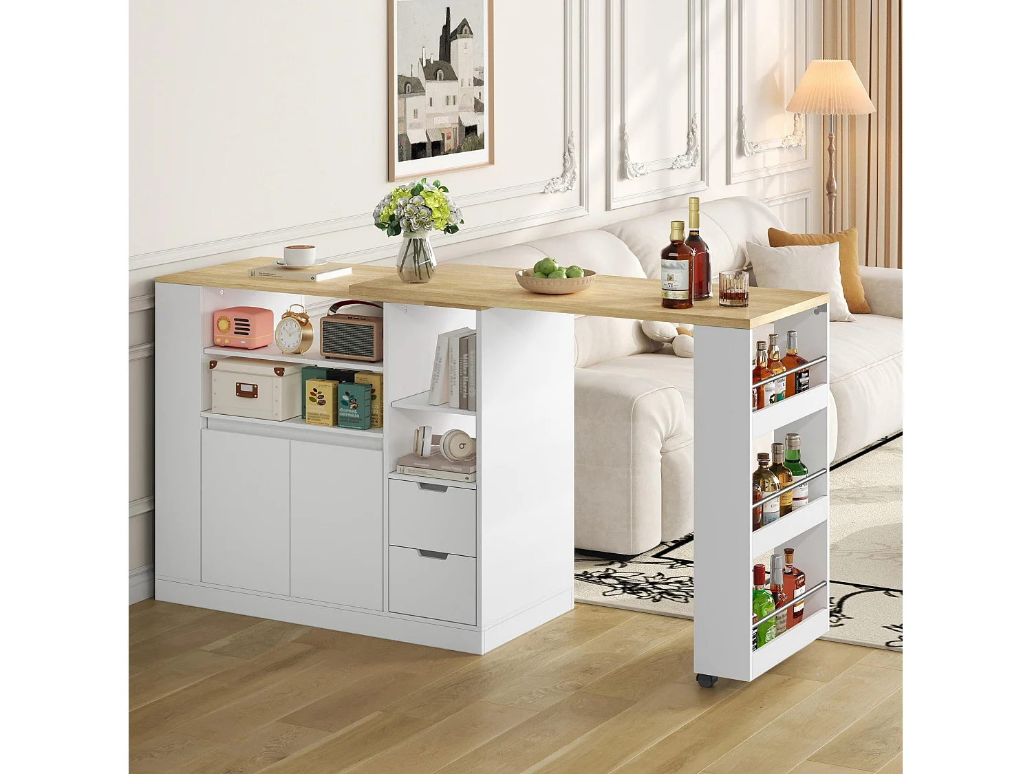 Îlot de cuisine avec plan de travail extensible, îlot de rangement avec étagères sur trois côtés et deux tiroirs, adapté aux salles à manger et bars domestiques