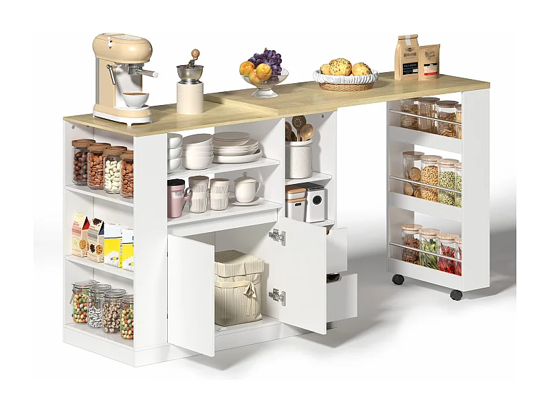 Îlot de cuisine avec plan de travail extensible, îlot de rangement avec étagères sur trois côtés et deux tiroirs, adapté aux salles à manger et bars domestiques