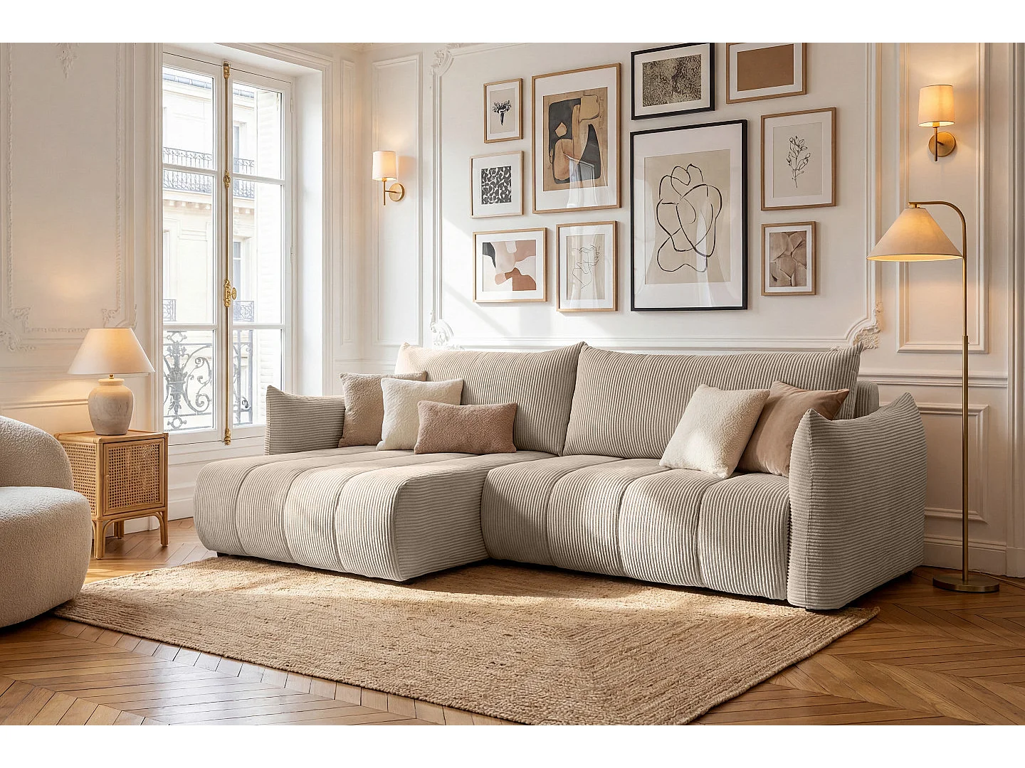 Narożnik Flo, z funkcją spania, do salonu, tkanina Poso, cappuccino (02)