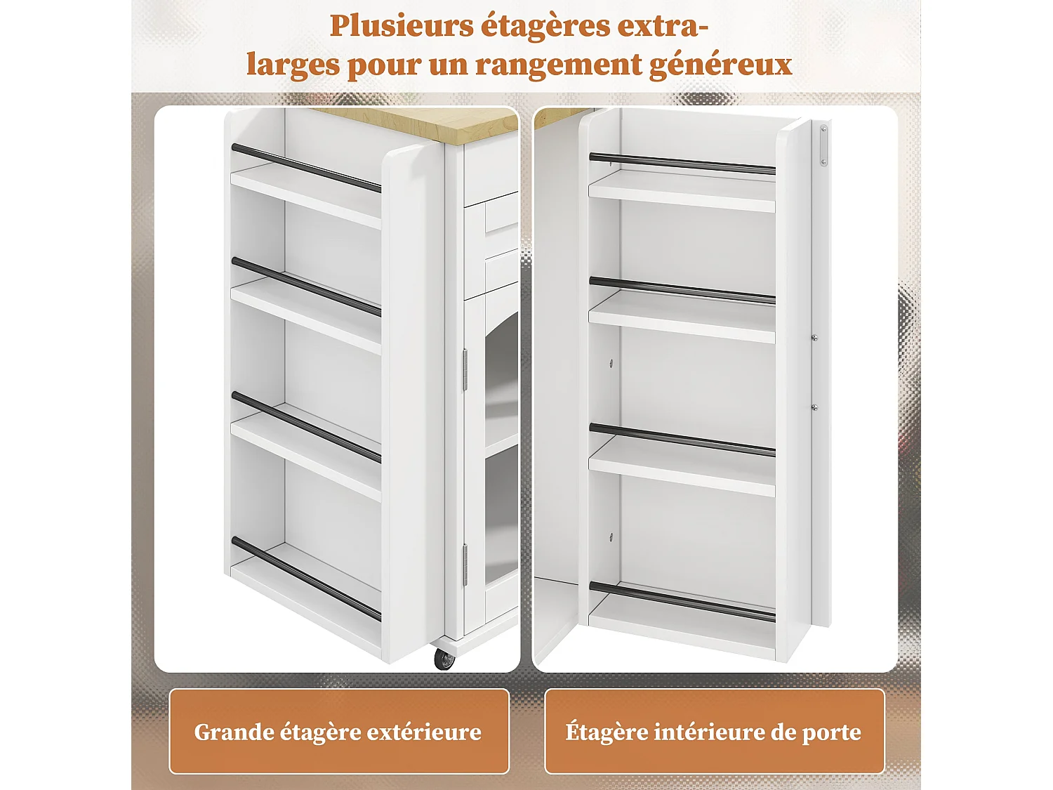 Îlot de cuisine mobile avec plan de travail pliable, chariot de cuisine, multiples rangements