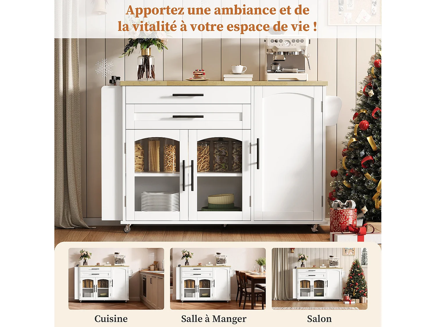 Îlot de cuisine mobile avec plan de travail pliable, chariot de cuisine, multiples rangements