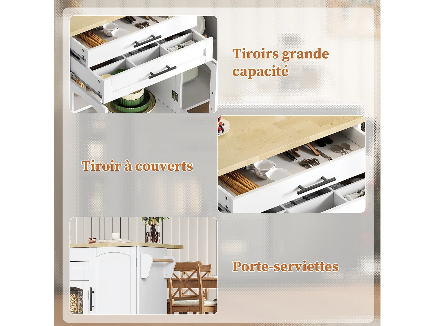 Îlot de cuisine mobile avec plan de travail pliable, chariot de cuisine, multiples rangements