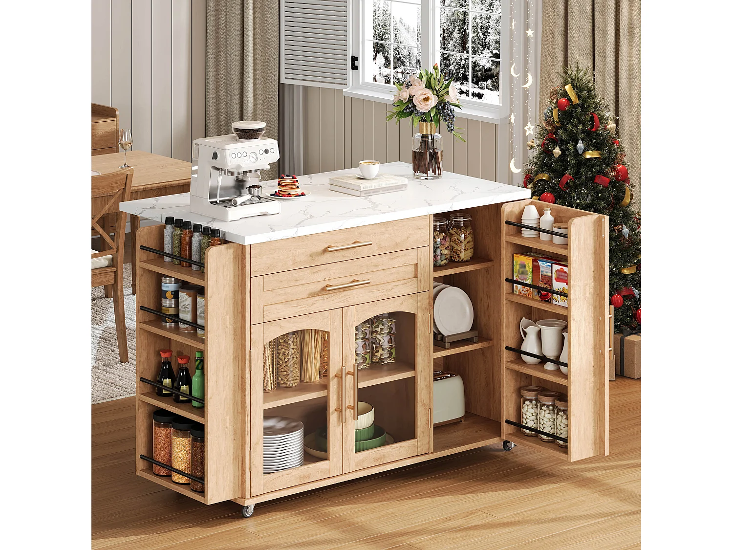 Îlot de cuisine mobile avec plan de travail pliable, chariot de cuisine, multiples rangements