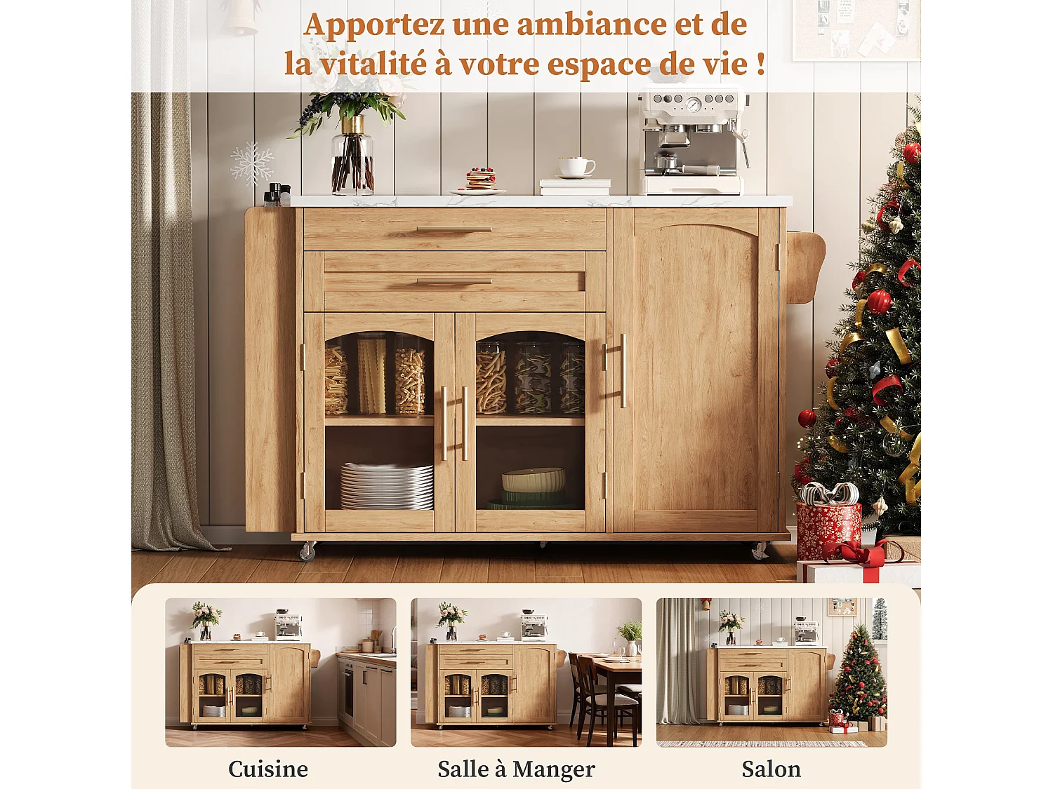 Îlot de cuisine mobile avec plan de travail pliable, chariot de cuisine, multiples rangements