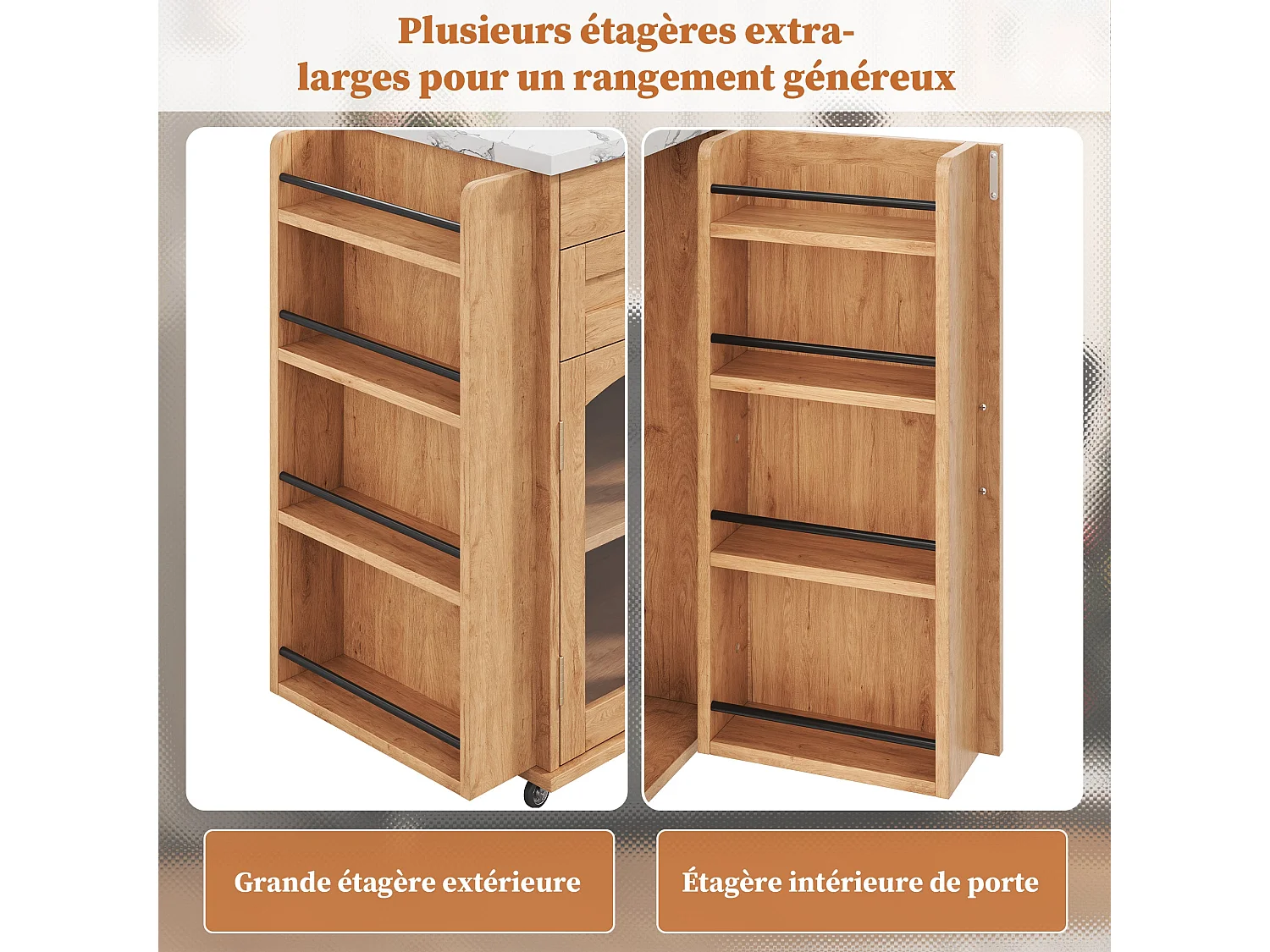 Îlot de cuisine mobile avec plan de travail pliable, chariot de cuisine, multiples rangements