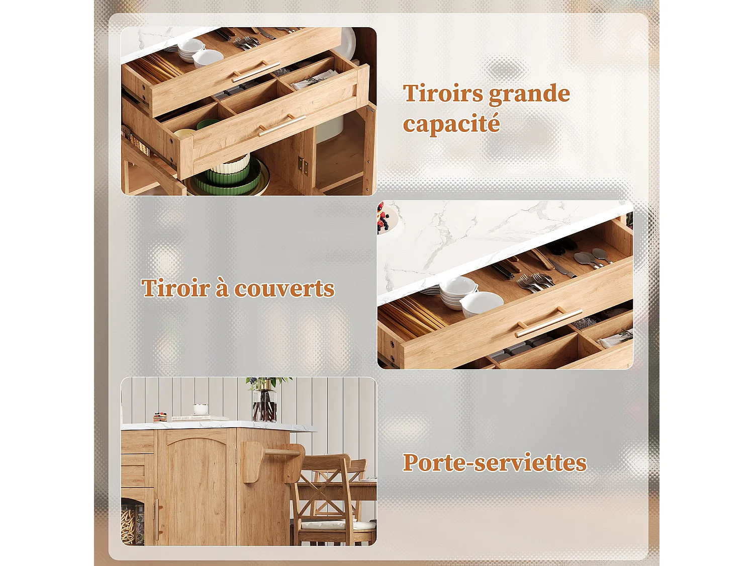 Îlot de cuisine mobile avec plan de travail pliable, chariot de cuisine, multiples rangements