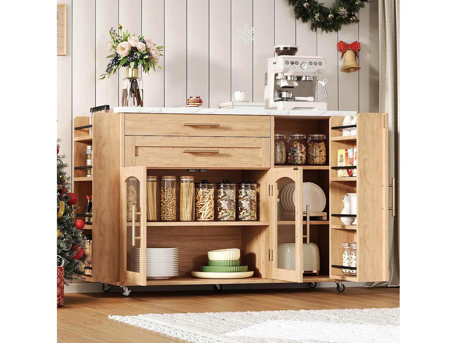 Îlot de cuisine mobile avec plan de travail pliable, chariot de cuisine, multiples rangements