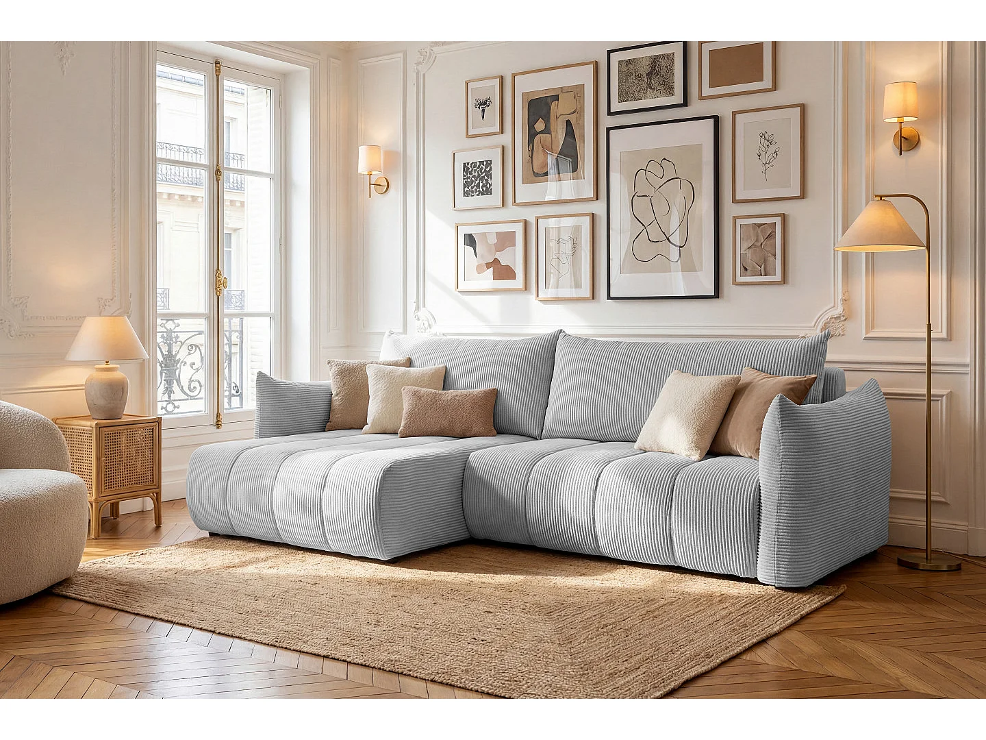 Narożnik Flo, z funkcją spania, do salonu, tkanina Poso, jasnoszary (55)