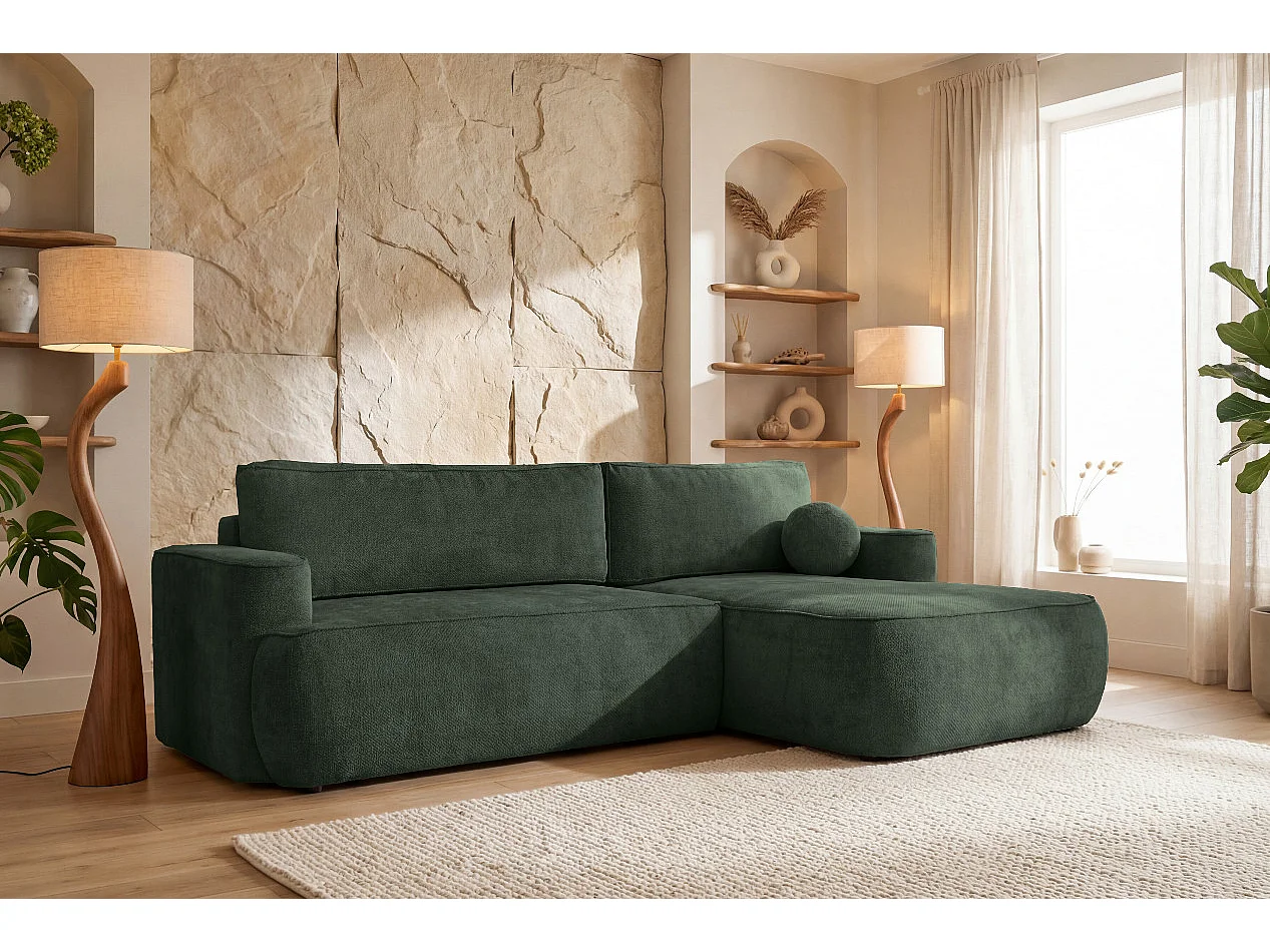 Narożnik Moon do salonu, z funkcją spania, Flow, prawy butelkowa zieleń (19)