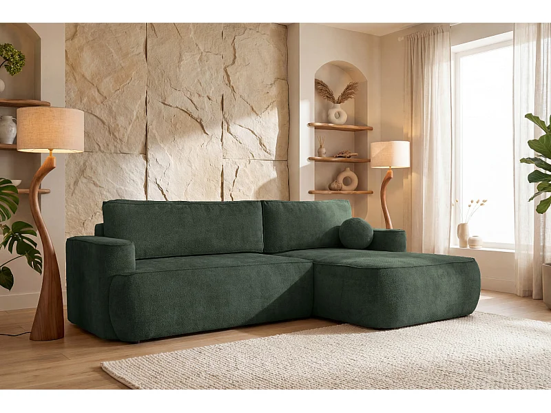Narożnik Moon do salonu, z funkcją spania, Flow, prawy butelkowa zieleń (19)
