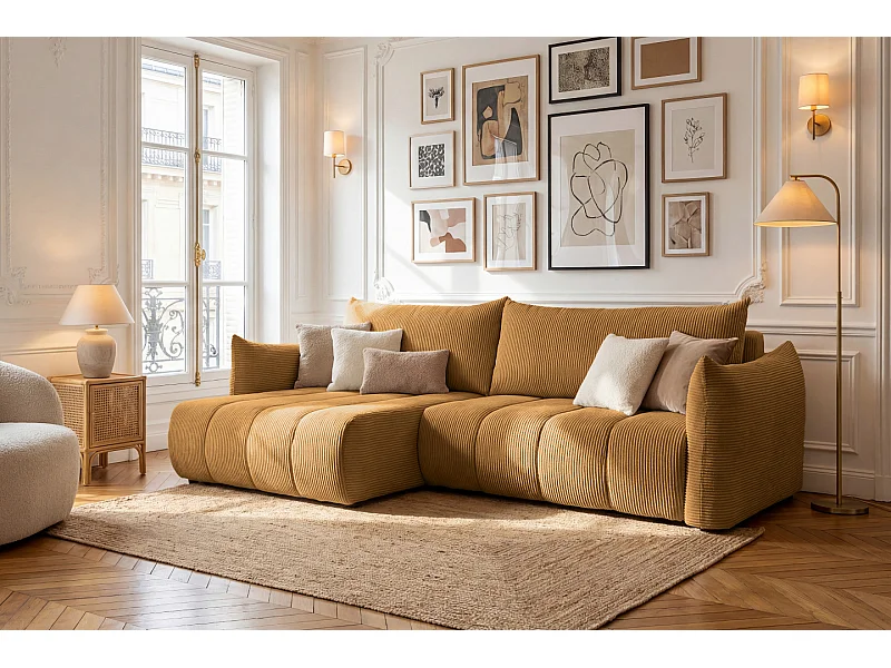 Hoekbank Flo, met slaapfunctie, voor de woonkamer, Poso-stof, mosterdkleurig (01)