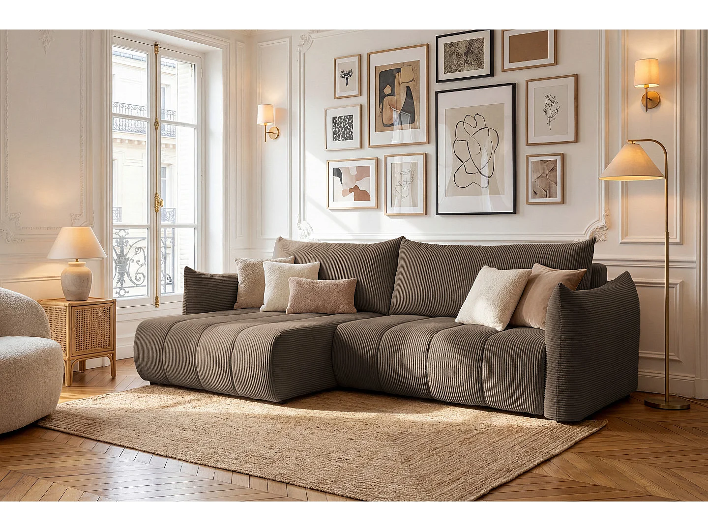 Narożnik Flo, z funkcją spania, do salonu, tkanina Poso, brązowy (04)