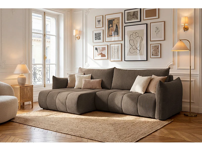 Narożnik Flo, z funkcją spania, do salonu, tkanina Poso, brązowy (04)