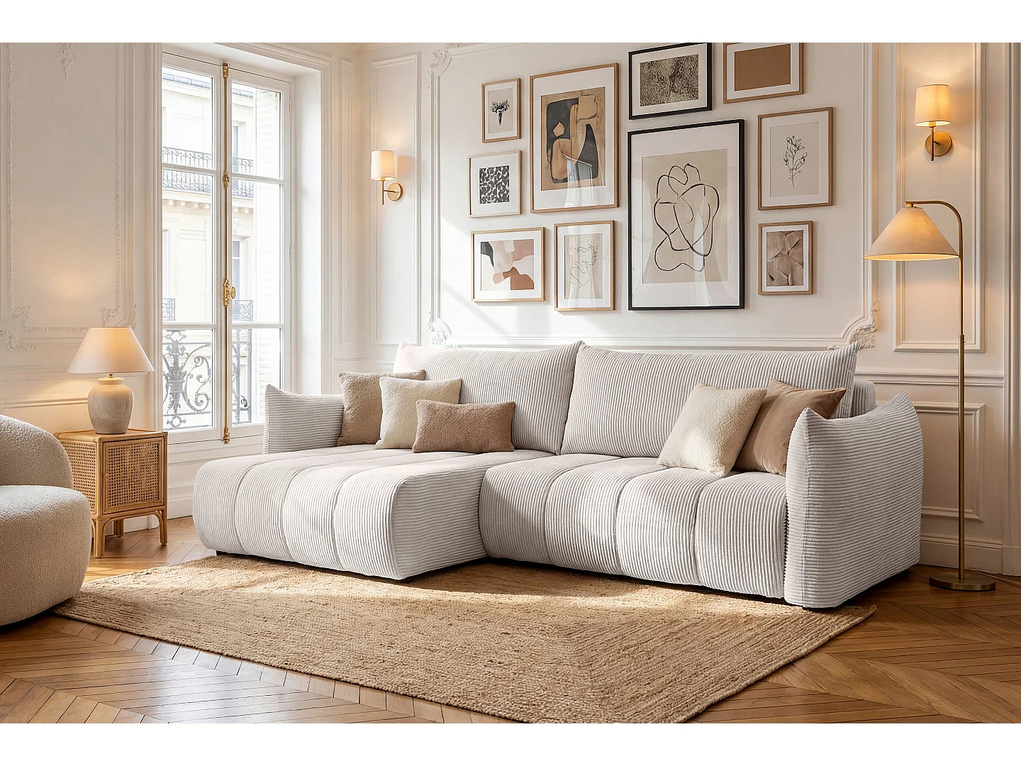 Narożnik Flo, z funkcją spania, do salonu, tkanina Poso, beż (100)