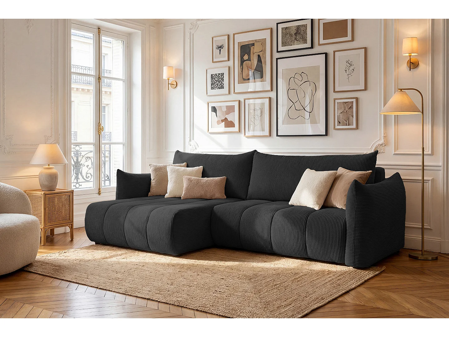 Narożnik Flo, z funkcją spania, do salonu, tkanina Poso, czarny (135)