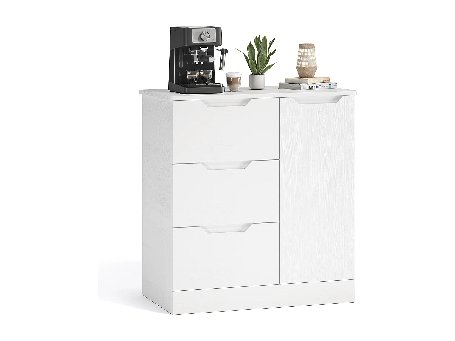 Bealife Armoire de Rangement 1 porte 3 tiroirs – Blanc 80×35×76 cm – Poignées invisibles, Fond de meuble surélevé，Anti-basculement – Salon, Chambre, Calle de bain