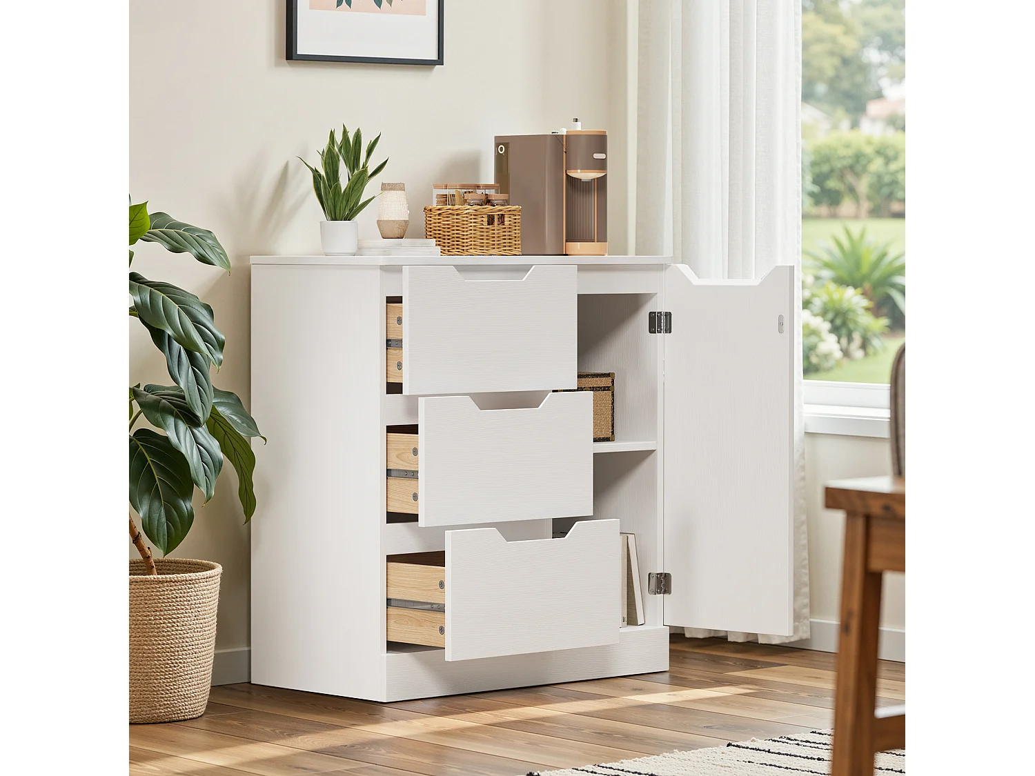 Bealife Armoire de Rangement 1 porte 3 tiroirs – Blanc 80×35×76 cm – Poignées invisibles, Fond de meuble surélevé，Anti-basculement – Salon, Chambre, Calle de bain