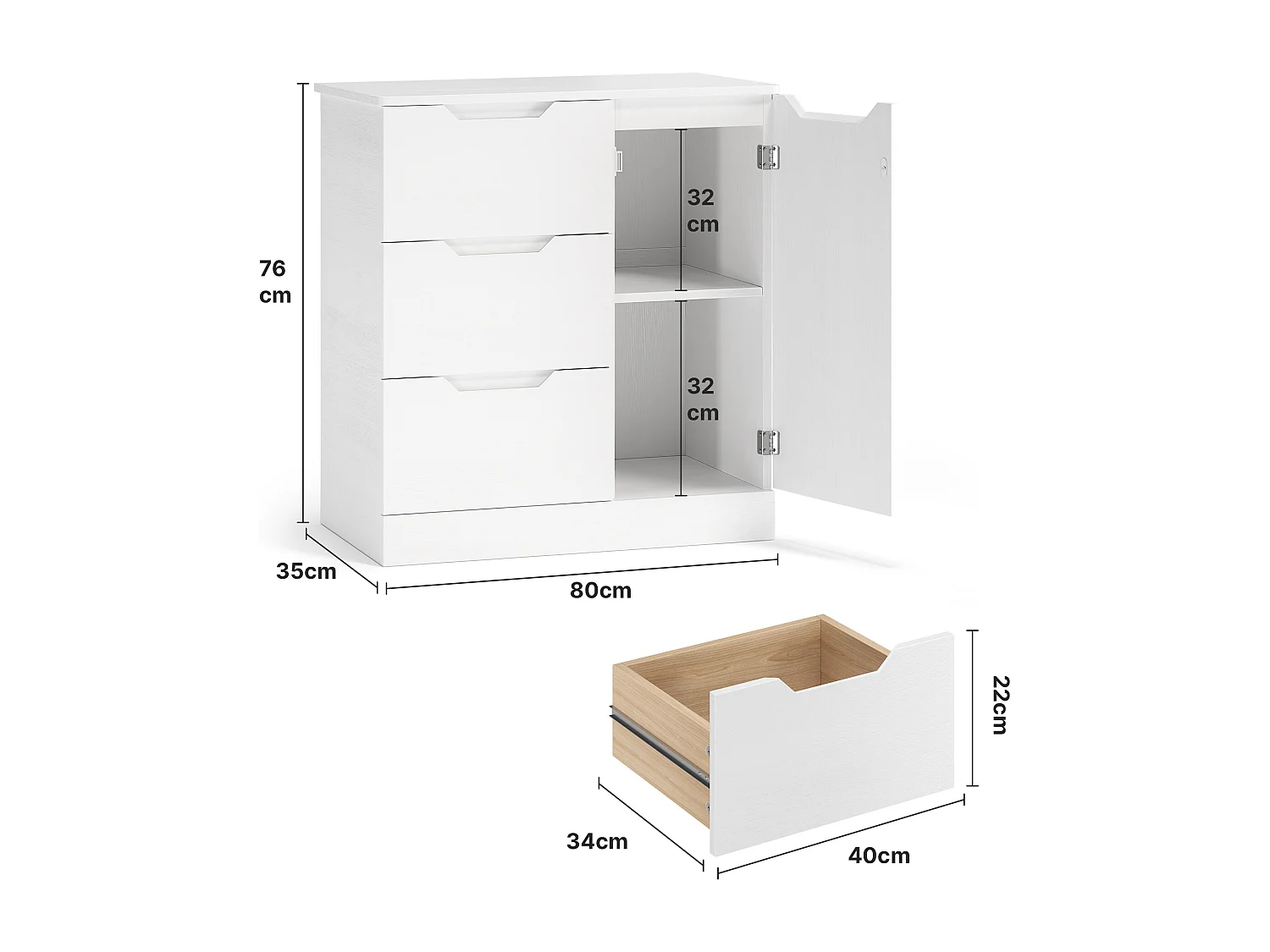 Bealife Armoire de Rangement 1 porte 3 tiroirs – Blanc 80×35×76 cm – Poignées invisibles, Fond de meuble surélevé，Anti-basculement – Salon, Chambre, Calle de bain