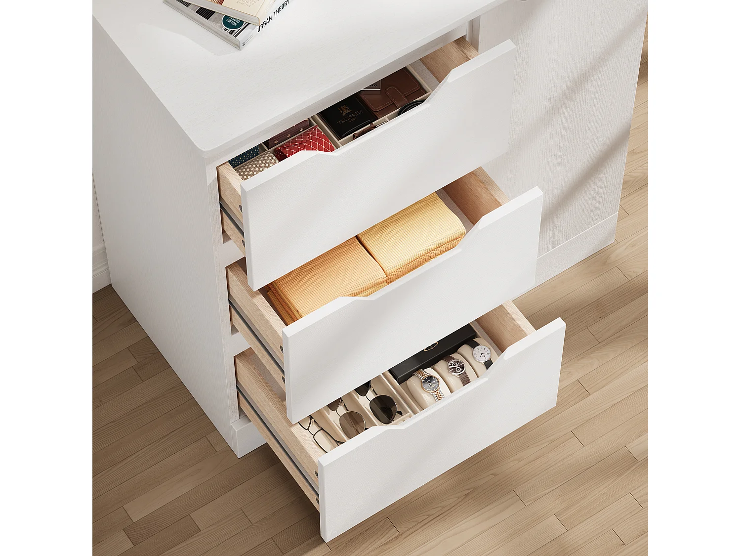 Bealife Armoire de Rangement 1 porte 3 tiroirs – Blanc 80×35×76 cm – Poignées invisibles, Fond de meuble surélevé，Anti-basculement – Salon, Chambre, Calle de bain