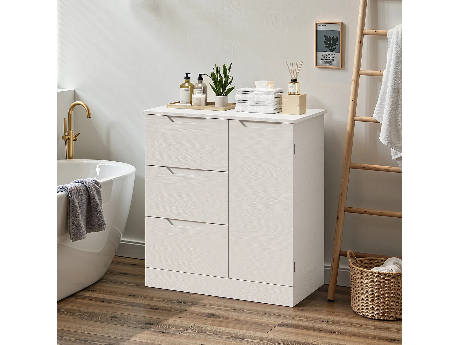 Bealife Armoire de Rangement 1 porte 3 tiroirs – Blanc 80×35×76 cm – Poignées invisibles, Fond de meuble surélevé，Anti-basculement – Salon, Chambre, Calle de bain