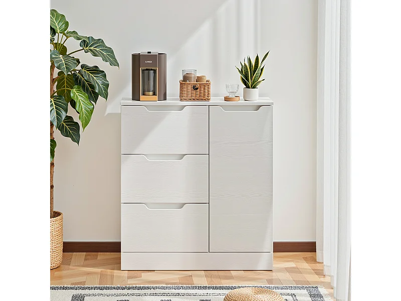Bealife Armoire de Rangement 1 porte 3 tiroirs – Blanc 80×35×76 cm – Poignées invisibles, Fond de meuble surélevé，Anti-basculement – Salon, Chambre, Calle de bain