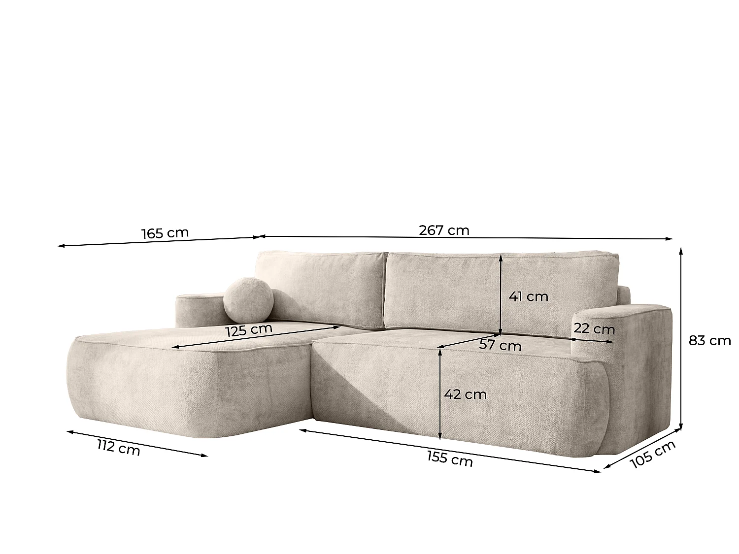 Canapé d'angle Moon, pour salon, avec fonction couchage, Flow, droit, beige (01)