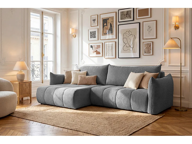 Narożnik Flo, z funkcją spania, do salonu, tkanina Poso, szary (22)