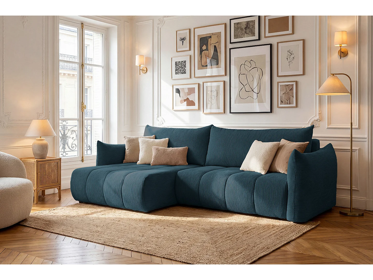 Narożnik Flo, z funkcją spania, do salonu, tkanina Poso, granatowy (05)