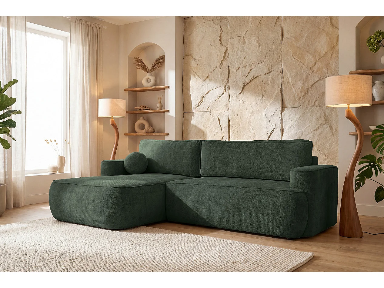 Narożnik Moon do salonu z funkcją spania, Flow, lewy, butelkowa zieleń (19)