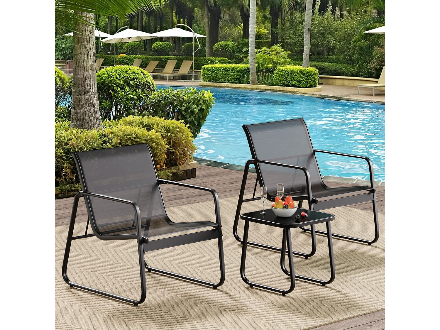 Bealife Ensemble salon de jardin – 2 chaises + 1 table, avec accoudoirs, noir 63×72×76cm, respirable et confortable, ajusté à la courbe dorsale