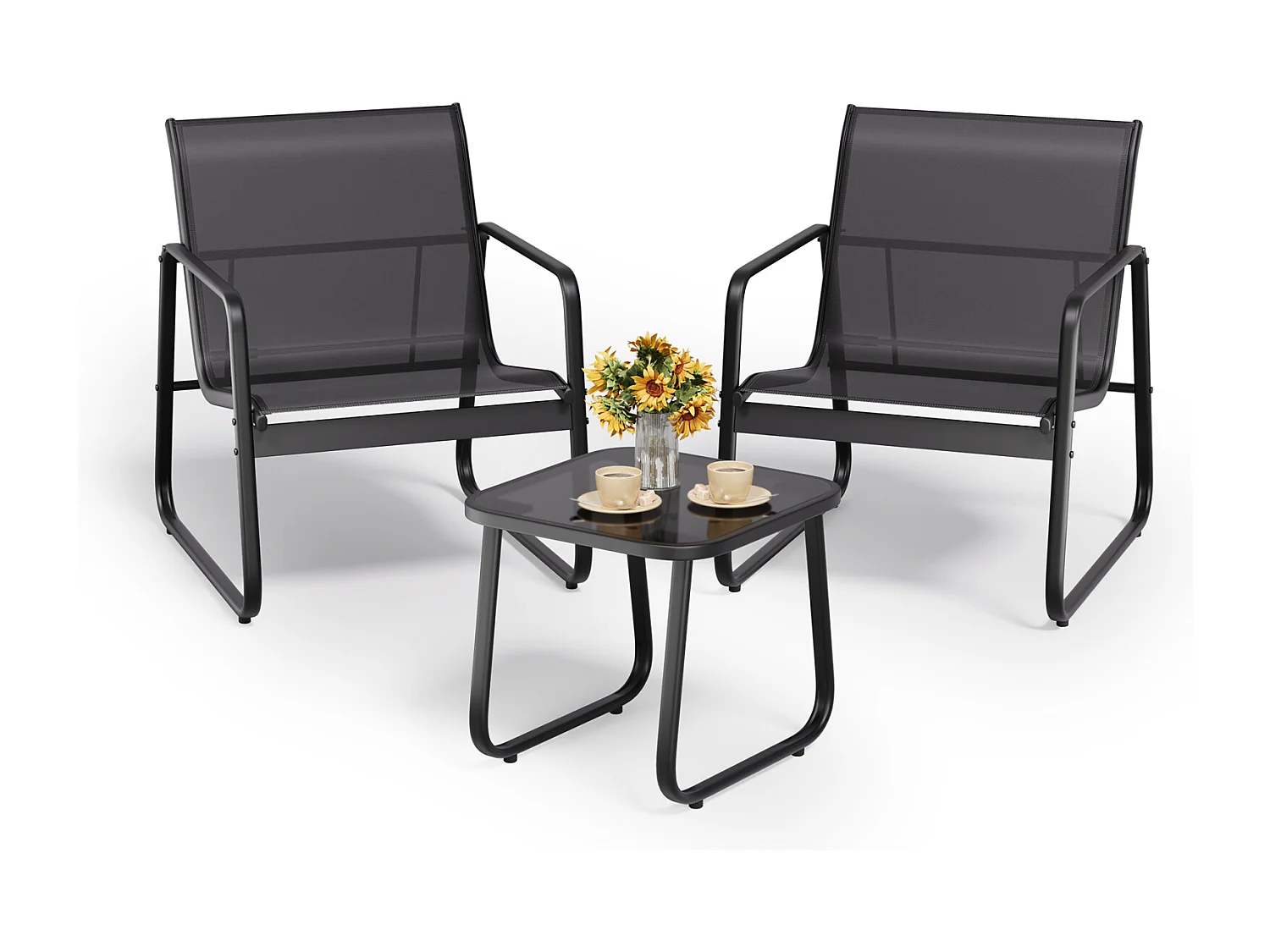 Bealife Ensemble salon de jardin – 2 chaises + 1 table, avec accoudoirs, noir 63×72×76cm, respirable et confortable, ajusté à la courbe dorsale