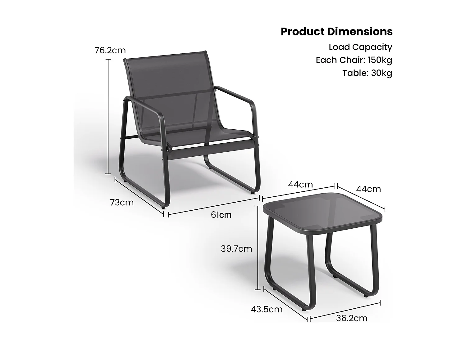 Bealife Ensemble salon de jardin – 2 chaises + 1 table, avec accoudoirs, noir 63×72×76cm, respirable et confortable, ajusté à la courbe dorsale