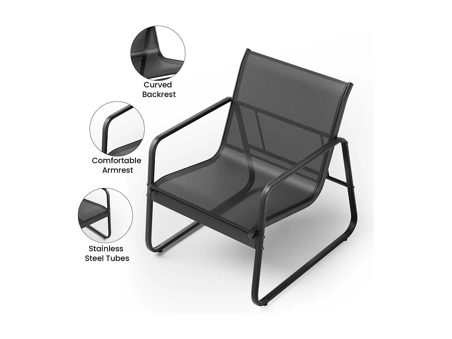 Bealife Ensemble salon de jardin – 2 chaises + 1 table, avec accoudoirs, noir 63×72×76cm, respirable et confortable, ajusté à la courbe dorsale
