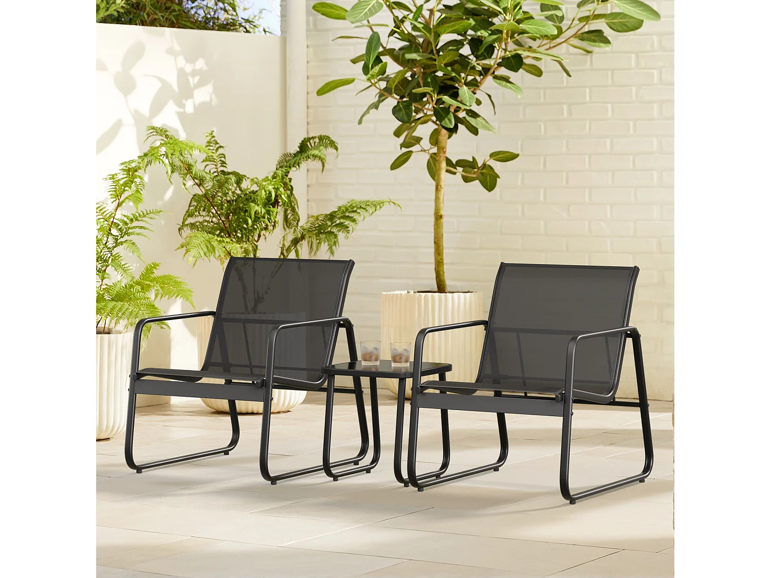 Bealife Ensemble salon de jardin – 2 chaises + 1 table, avec accoudoirs, noir 63×72×76cm, respirable et confortable, ajusté à la courbe dorsale