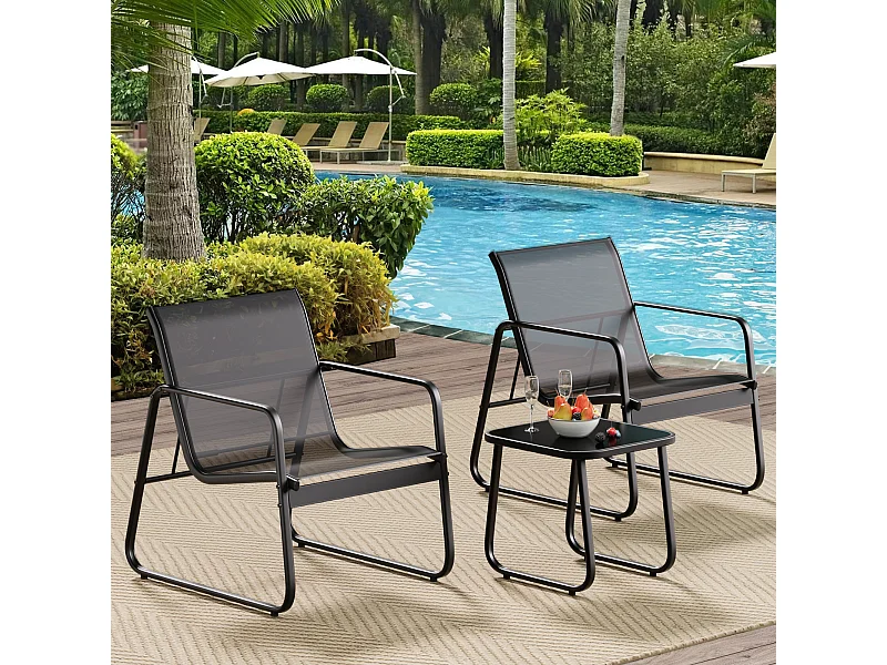Bealife Ensemble salon de jardin – 2 chaises + 1 table, avec accoudoirs, noir 63×72×76cm, respirable et confortable, ajusté à la courbe dorsale