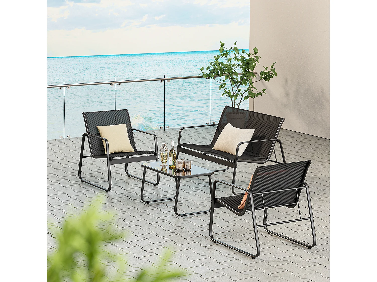 Bealife Ensemble salon de jardin – 3 chaises + 1 table, avec accoudoirs, respirable et confortable, ajusté à la courbe dorsale