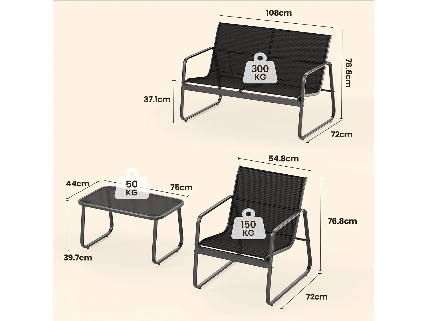 Bealife Ensemble salon de jardin – 3 chaises + 1 table, avec accoudoirs, respirable et confortable, ajusté à la courbe dorsale