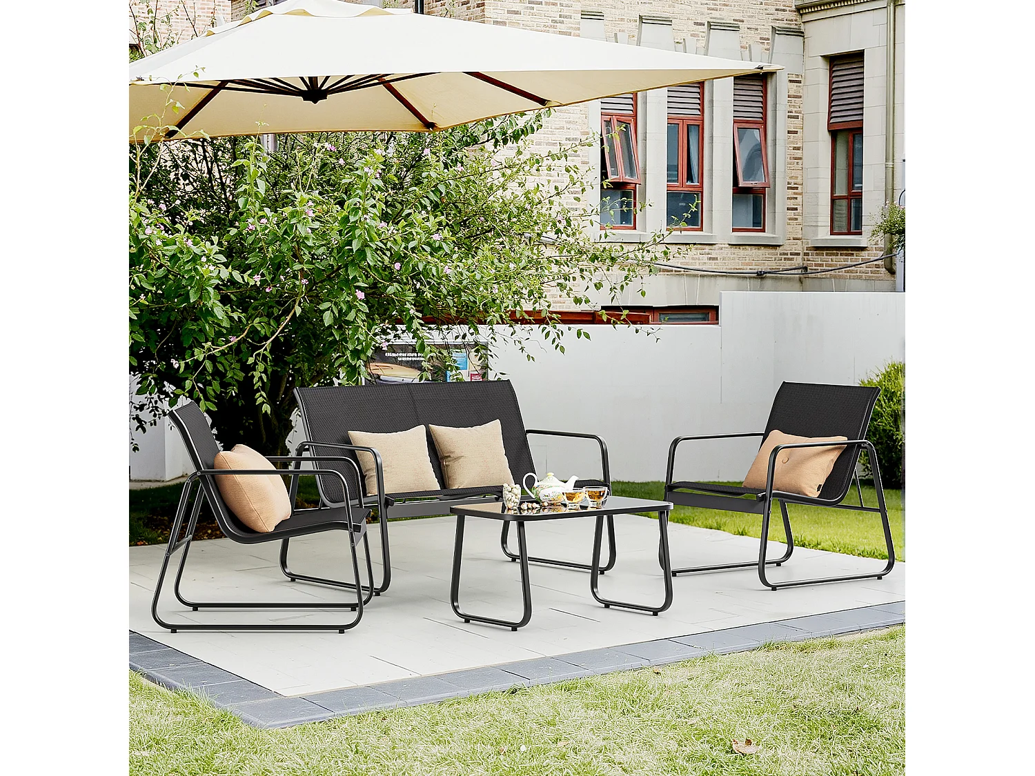 Bealife Ensemble salon de jardin – 3 chaises + 1 table, avec accoudoirs, respirable et confortable, ajusté à la courbe dorsale