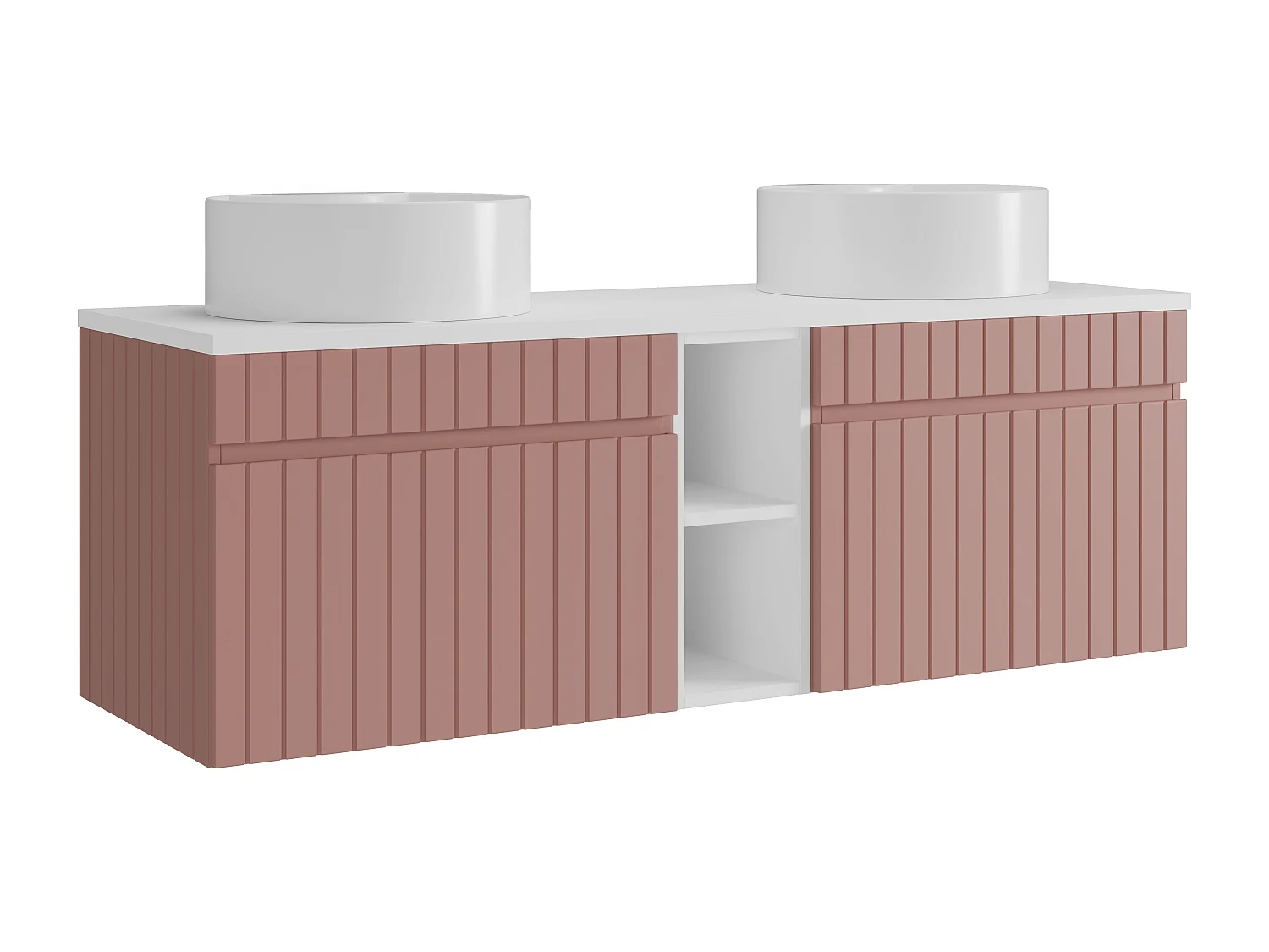 Meuble de salle de bain suspendu strié avec niches et double vasque à poser ronde - Rose - L140 cm - SATARA