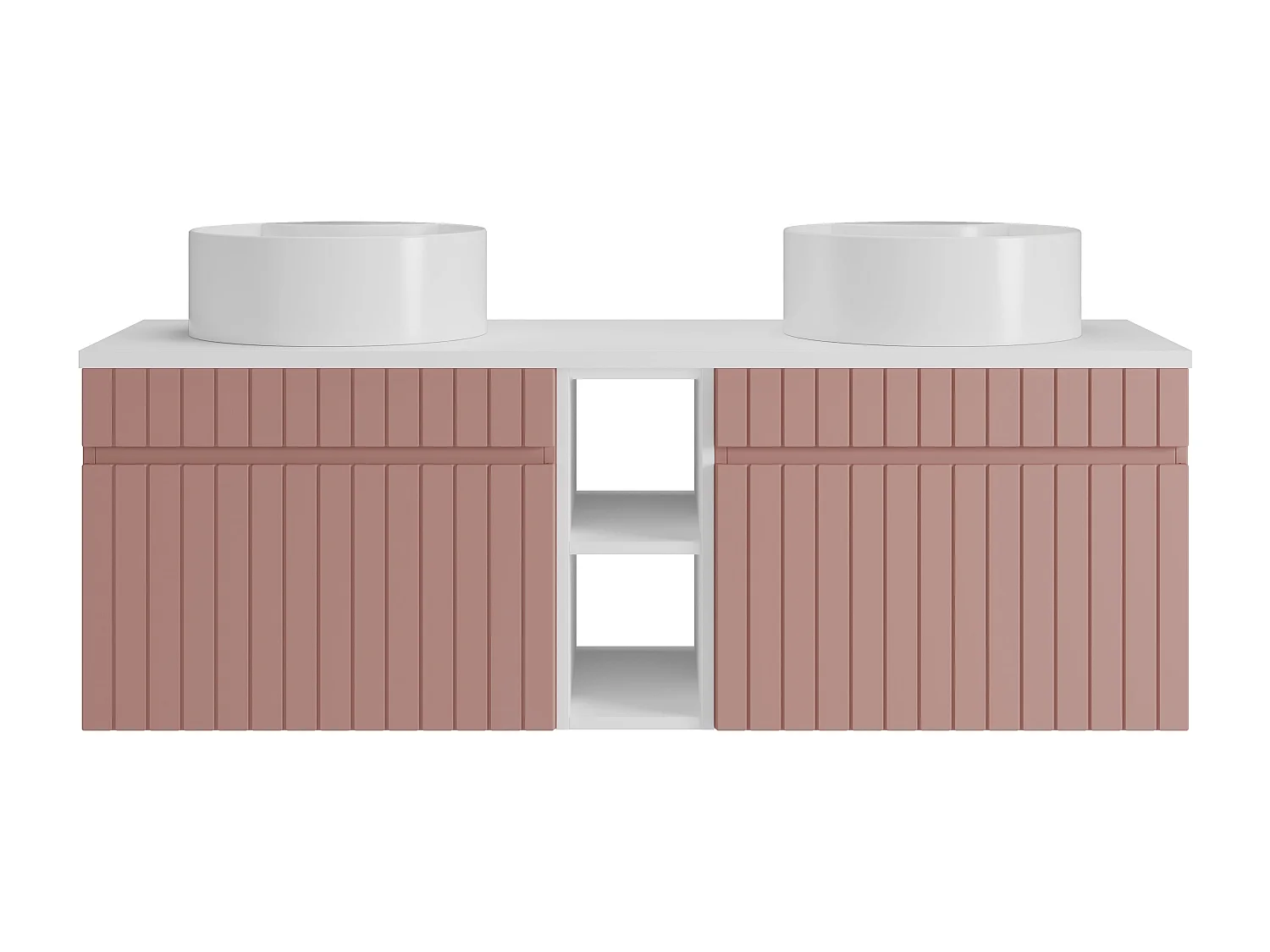 Meuble de salle de bain suspendu strié avec niches et double vasque à poser ronde - Rose - L140 cm - SATARA
