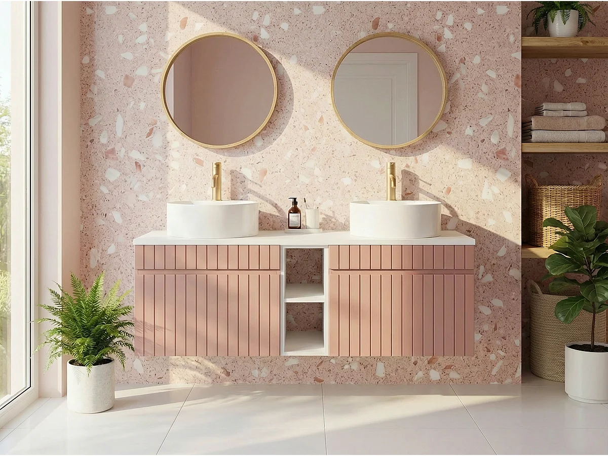 Meuble de salle de bain suspendu strié avec niches et double vasque à poser ronde - Rose - L140 cm - SATARA