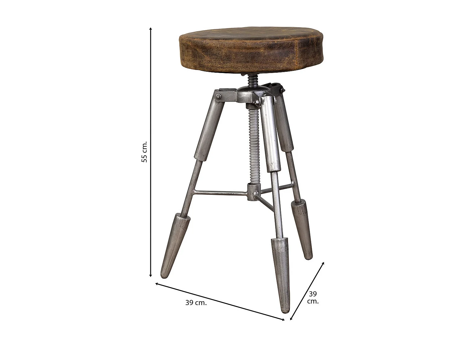 Hocker aus Metall und braunem Leder, 39x39x55h cm