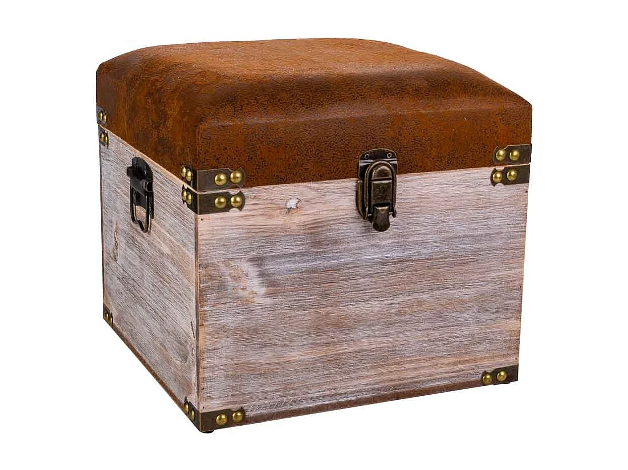 Schubladenhocker aus Holz und braunem Kunstleder, 30x30x28h cm
