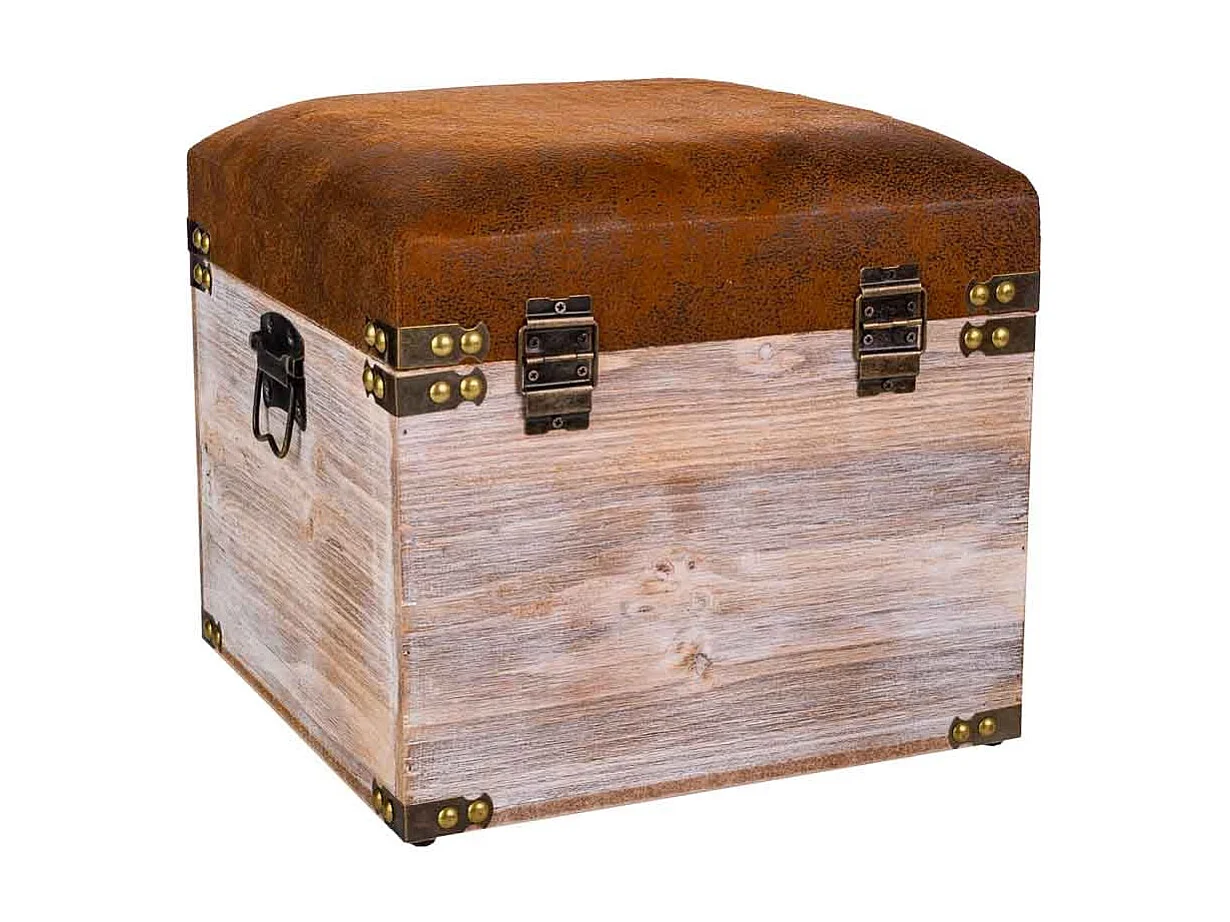 Schubladenhocker aus Holz und braunem Kunstleder, 30x30x28h cm