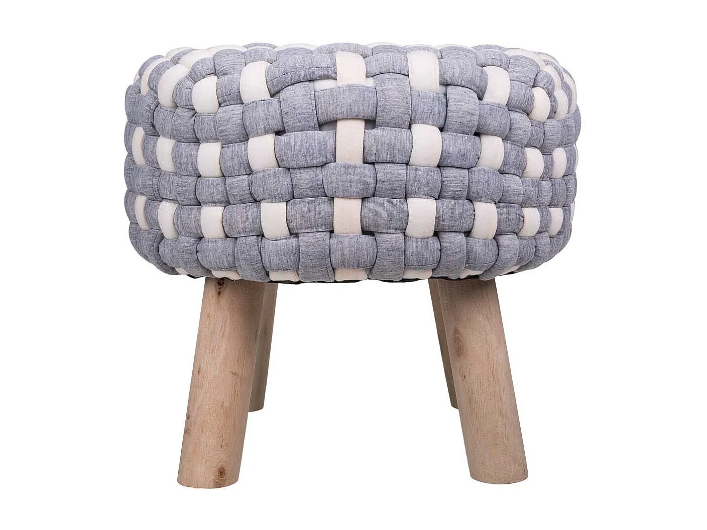 Grauer Hocker aus gewebter Baumwolle und Holz, 40x40x36h cm